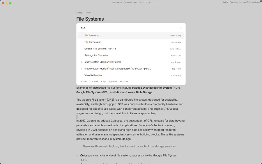 The ⌘K finder searching notes and tags for “file”